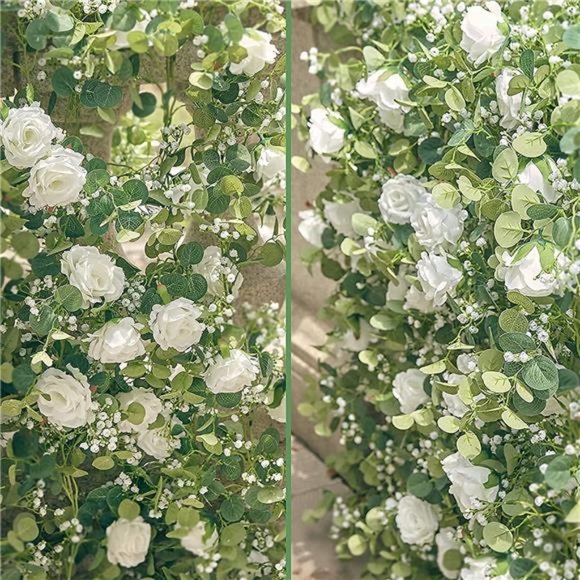 5.91FT Artificial Eucalyptus Garland with Flowers, Fake Rose Gypsophila Garland - Picture 6 of 7